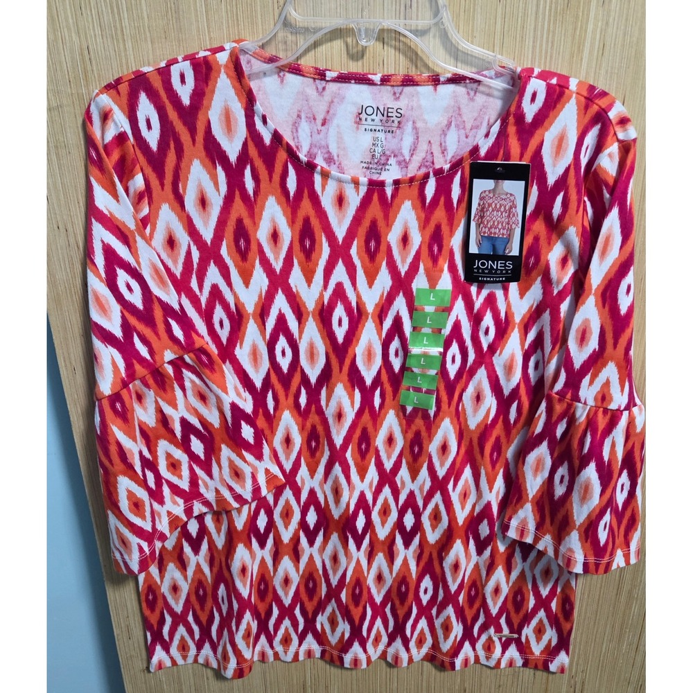 Jones New York Womens Sz Lg Orange Pink Ikat Diamond Bell Sleeve Cotton Top